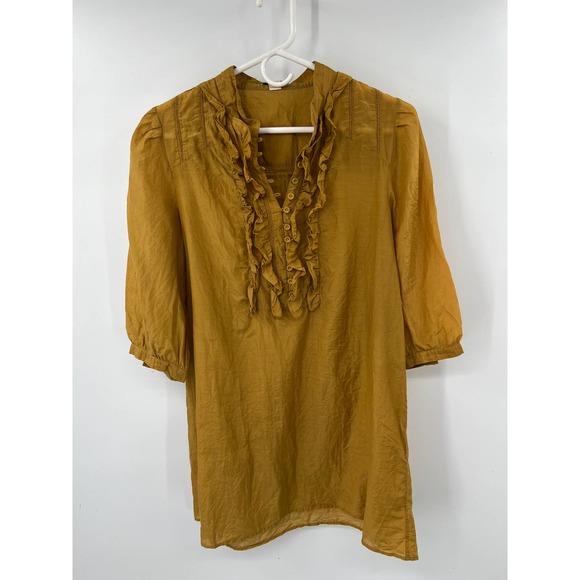 twentyone 100% silk mustard yellow boho ruffle blouse tunic size M? - Picture 1 of 6